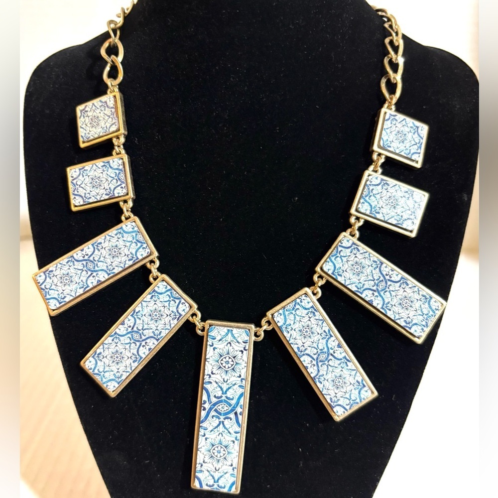 Blue Tile-Pattern Statement Necklace with Gold Trim